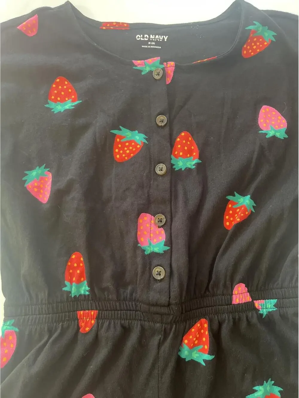 Girls Shorts Romper Strawberry Print Old Navy Black Button Front Pockets Size 8